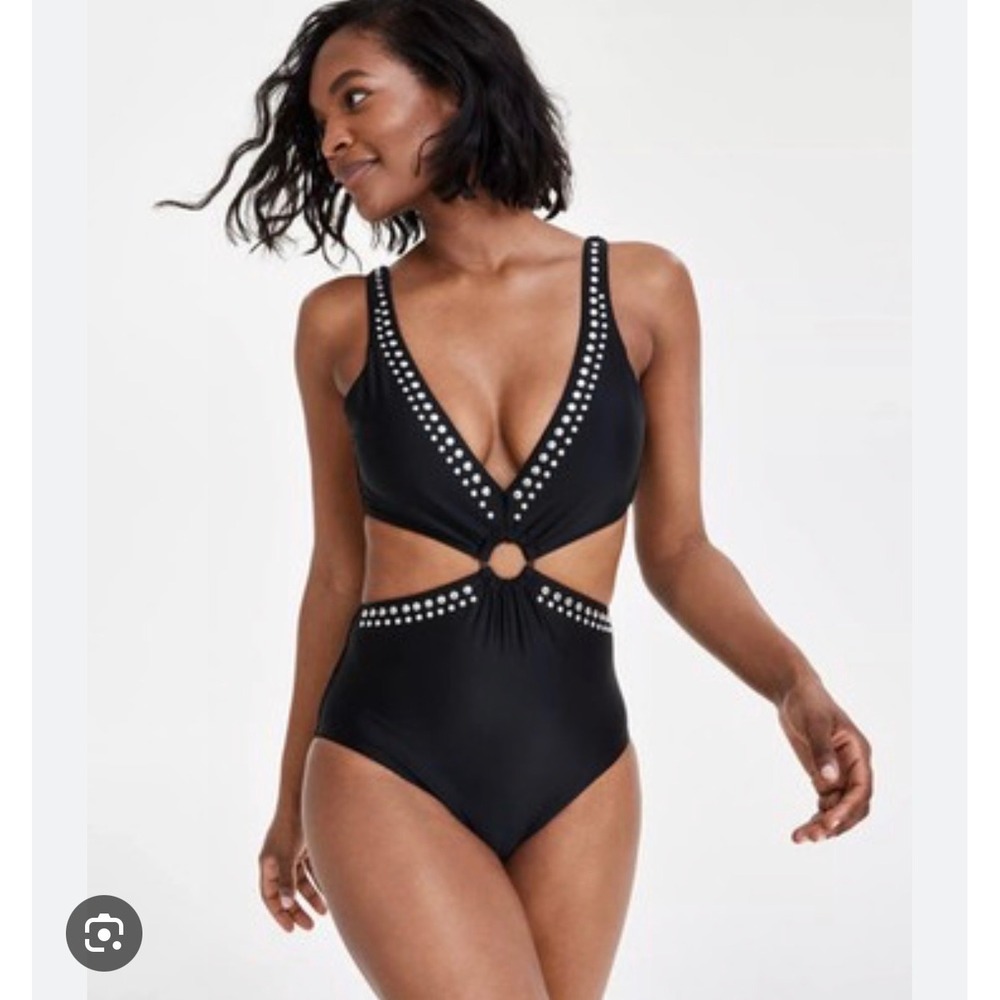 Bar III Womens Studded Cutout Monokini One Piece Swimsuit Black Silver Medium